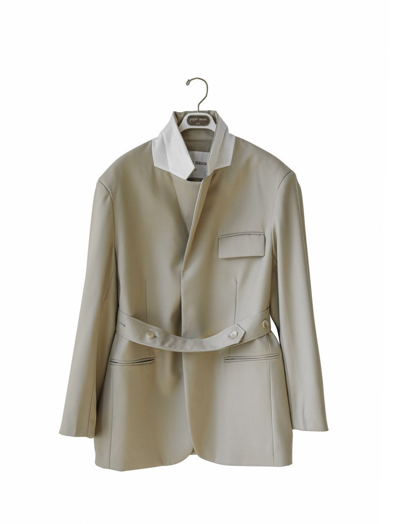 BELTED BUTTON DOWN TAILORED WOOL BLAZER