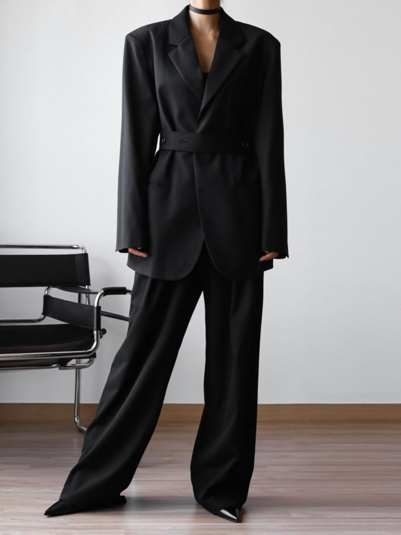 BELTED BUTTON DOWN TAILORED WOOL BLAZER