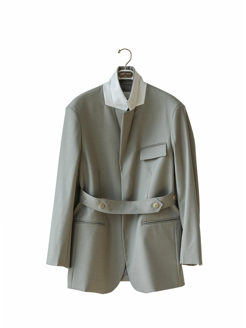 BELTED BUTTON DOWN TAILORED WOOL BLAZER
