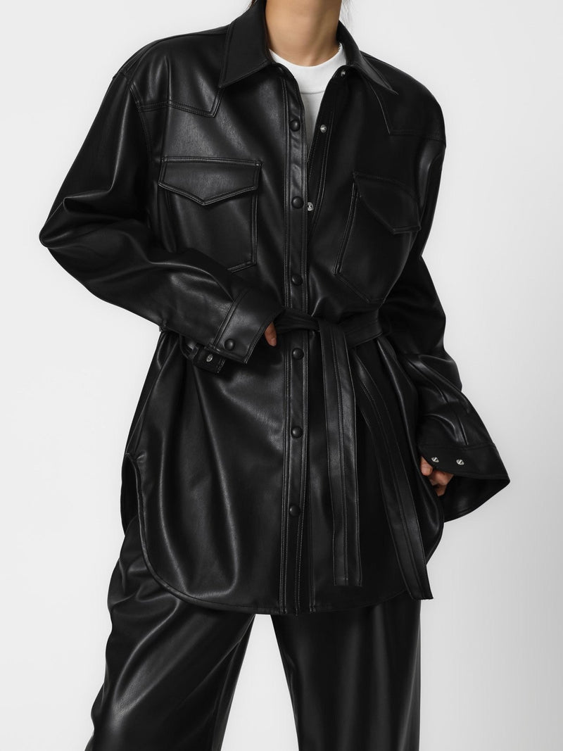 BELTED VEGAN LEATHER SHIRT