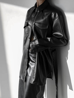 BELTED VEGAN LEATHER SHIRT