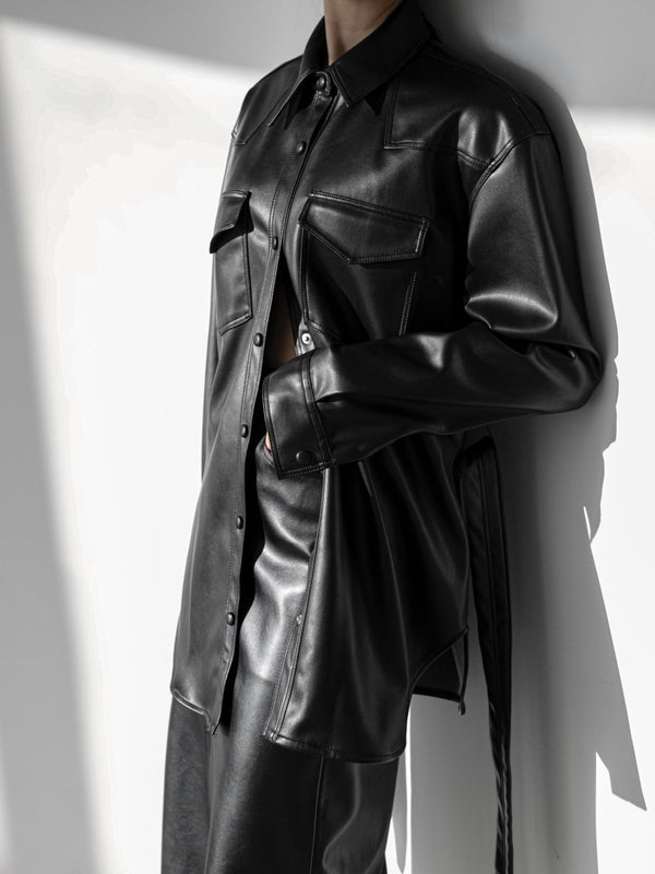 BELTED VEGAN LEATHER SHIRT