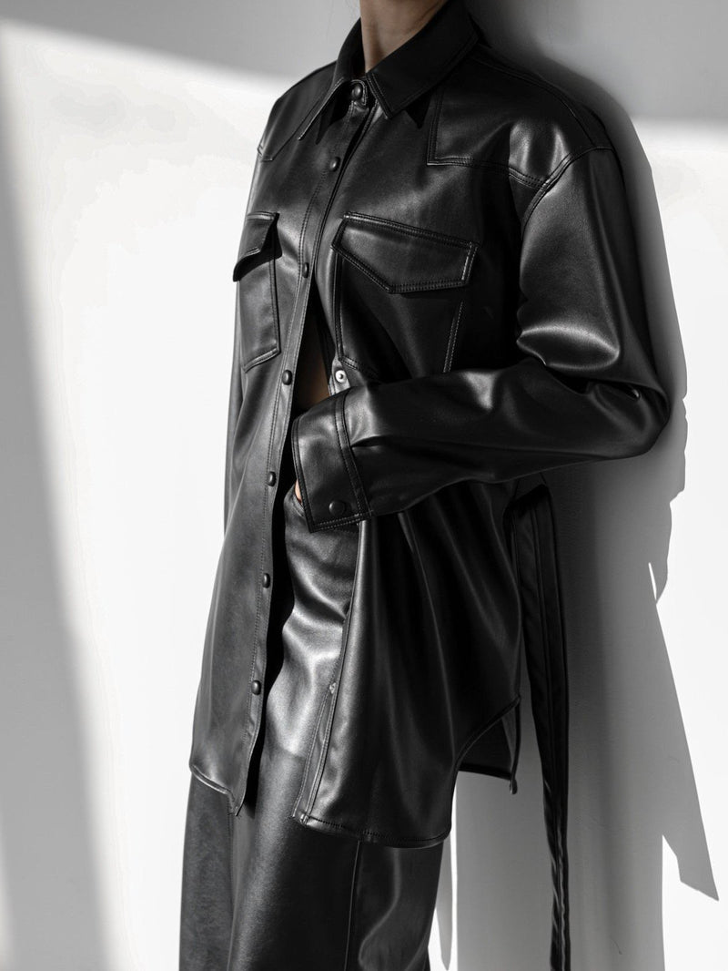 BELTED VEGAN LEATHER SHIRT