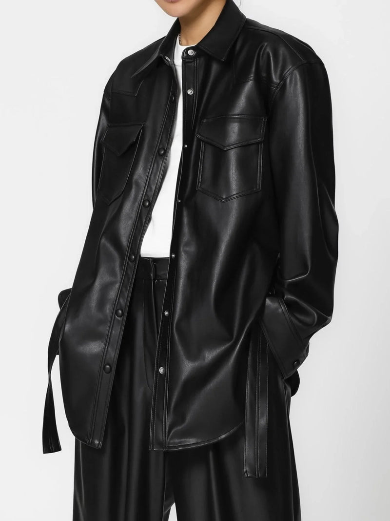 BELTED VEGAN LEATHER SHIRT