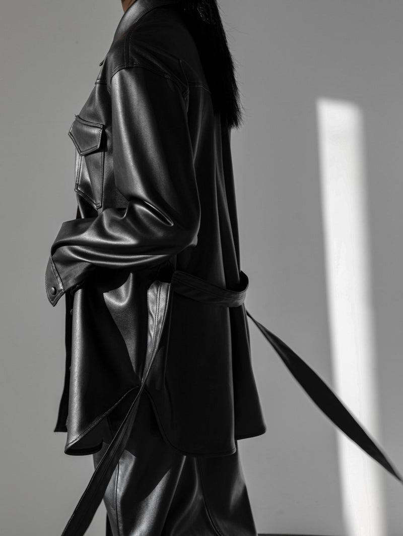 BELTED VEGAN LEATHER SHIRT