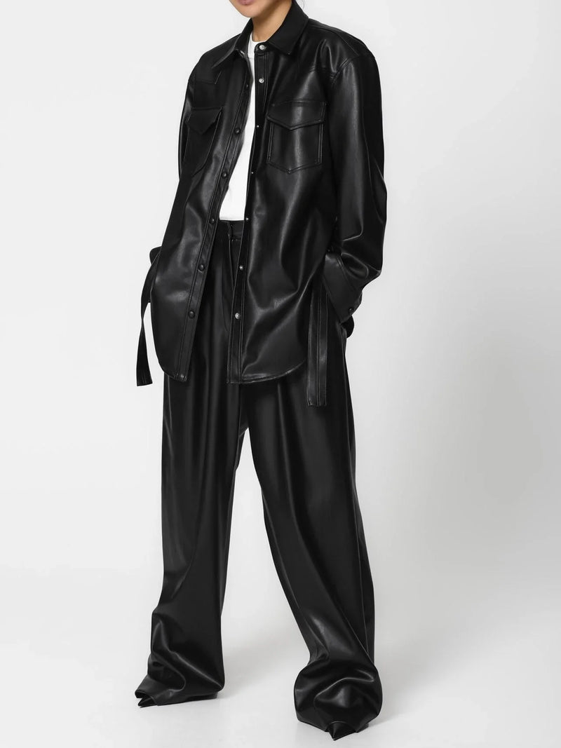 BELTED VEGAN LEATHER SHIRT