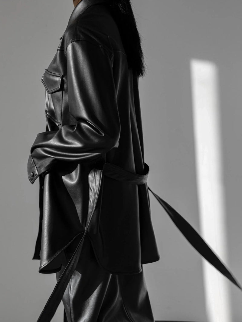 BELTED VEGAN LEATHER SHIRT