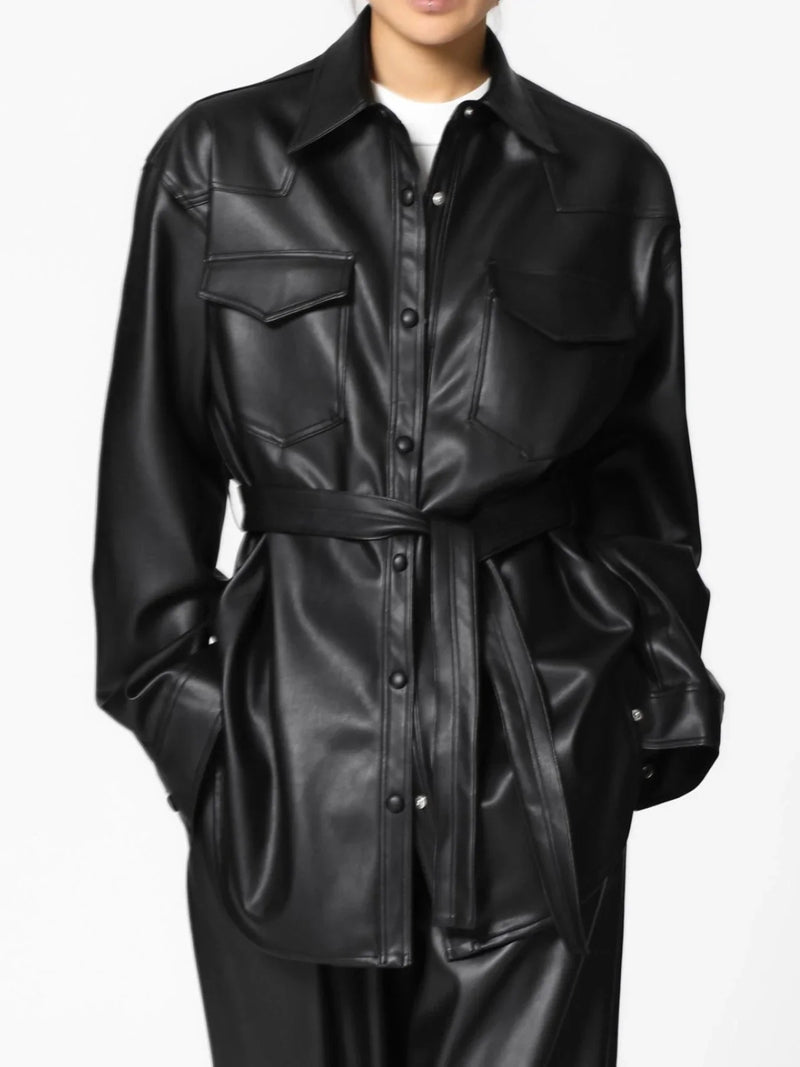 BELTED VEGAN LEATHER SHIRT