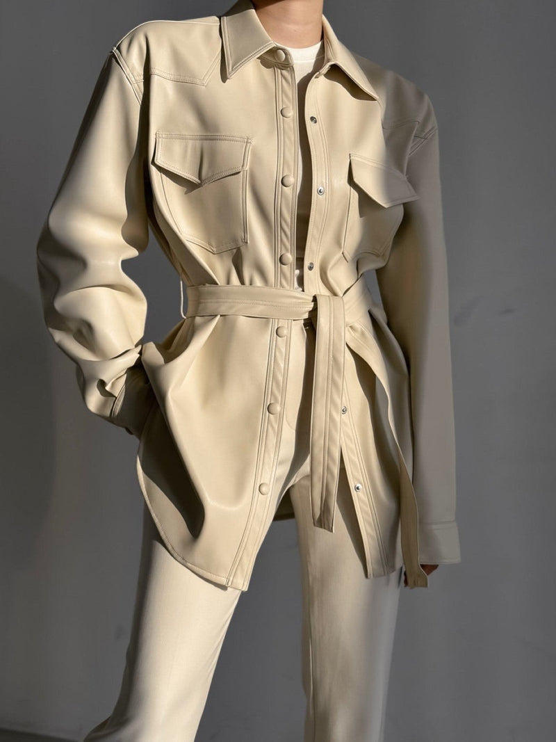 BELTED VEGAN LEATHER SHIRT