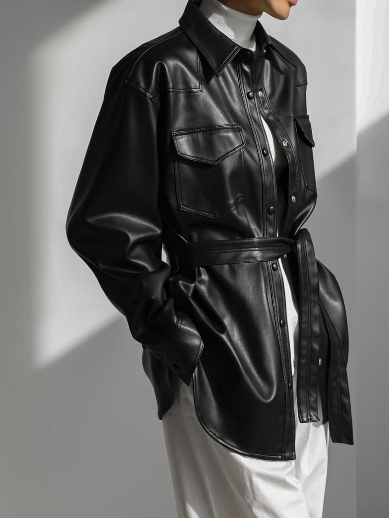 BELTED VEGAN LEATHER SHIRT