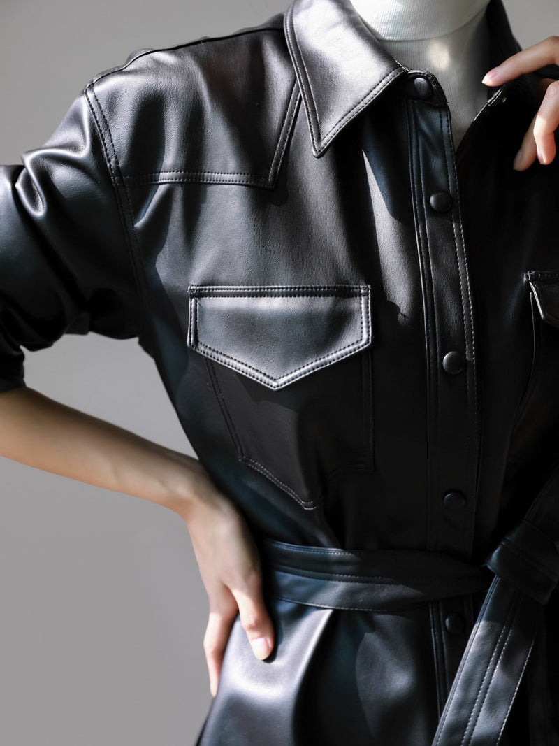 BELTED VEGAN LEATHER SHIRT
