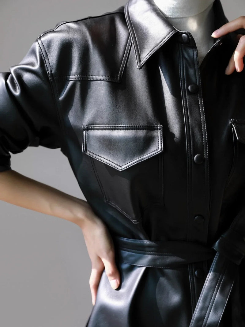 BELTED VEGAN LEATHER SHIRT