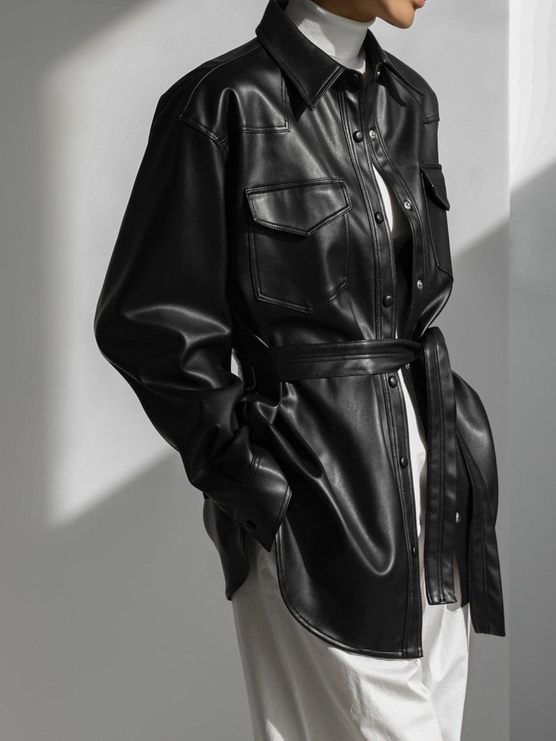 BELTED VEGAN LEATHER SHIRT