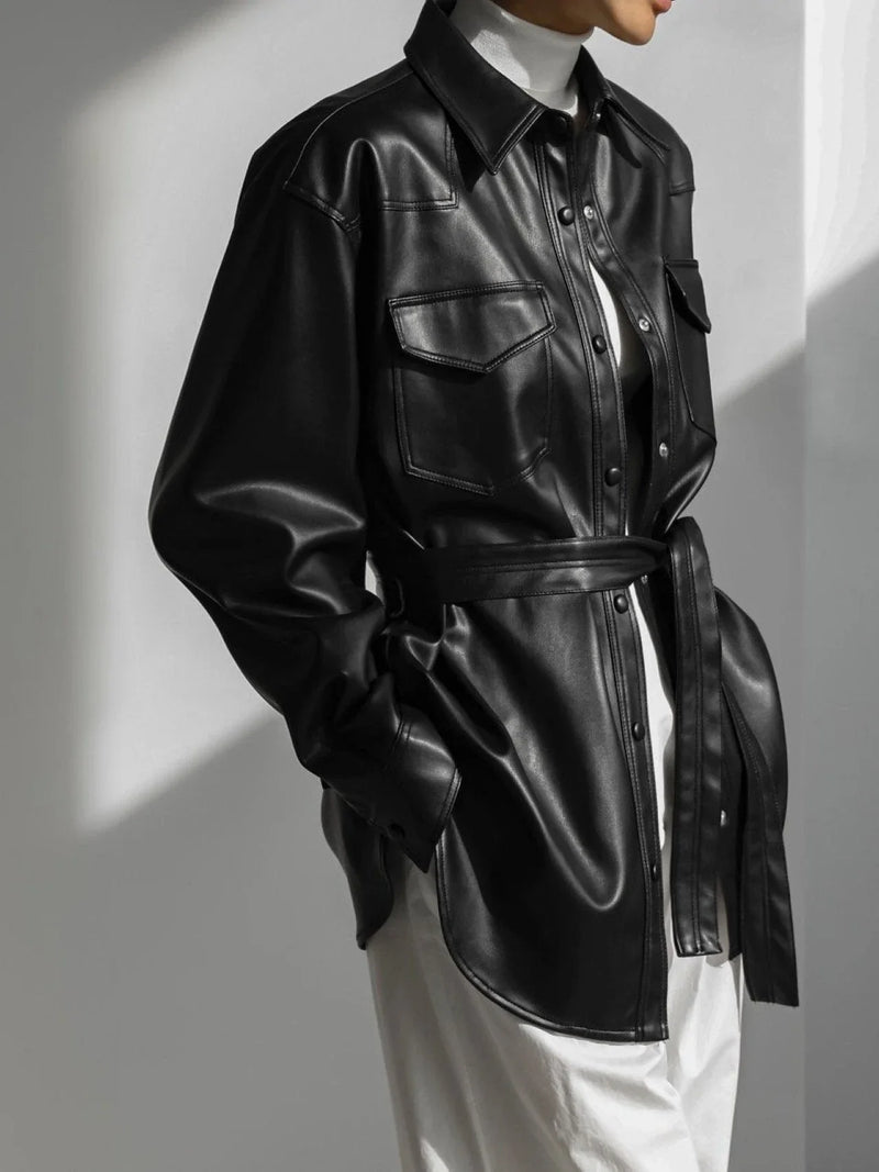 BELTED VEGAN LEATHER SHIRT