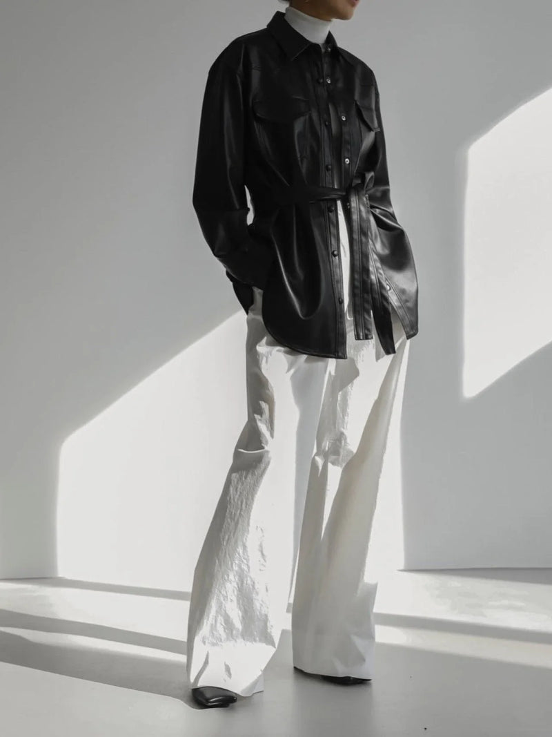BELTED VEGAN LEATHER SHIRT