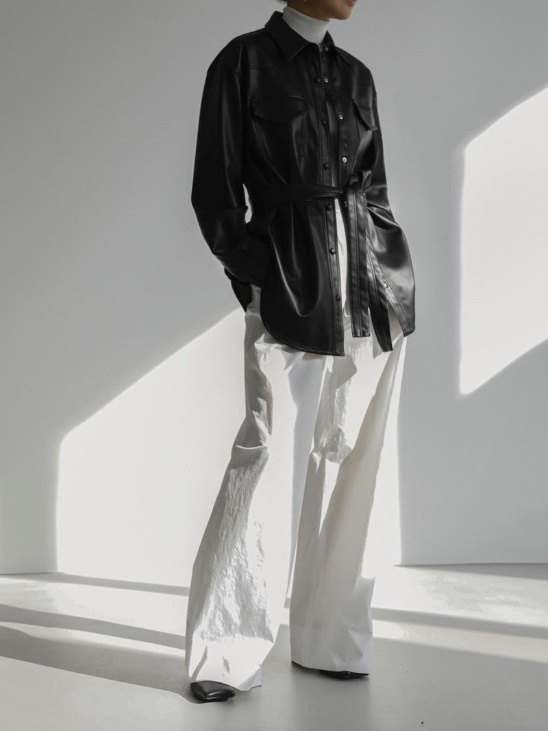 BELTED VEGAN LEATHER SHIRT