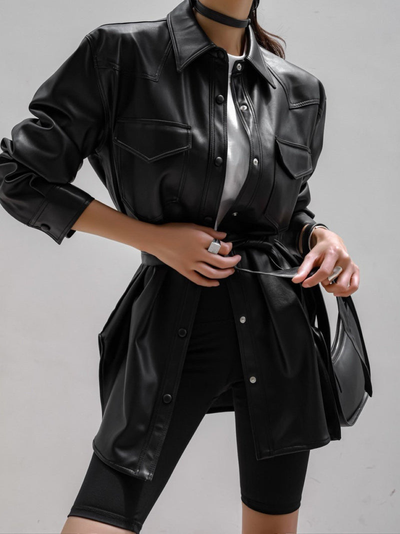 BELTED VEGAN LEATHER SHIRT