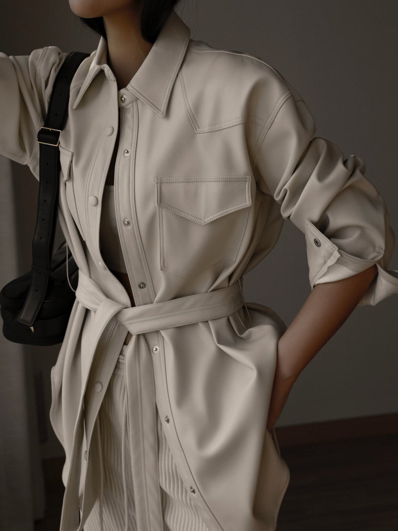 BELTED VEGAN LEATHER SHIRT