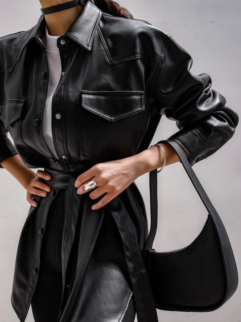 BELTED VEGAN LEATHER SHIRT