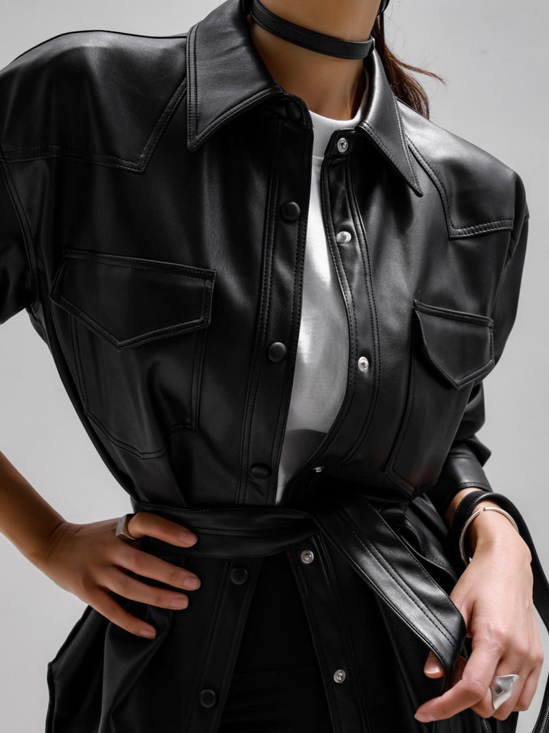 BELTED VEGAN LEATHER SHIRT