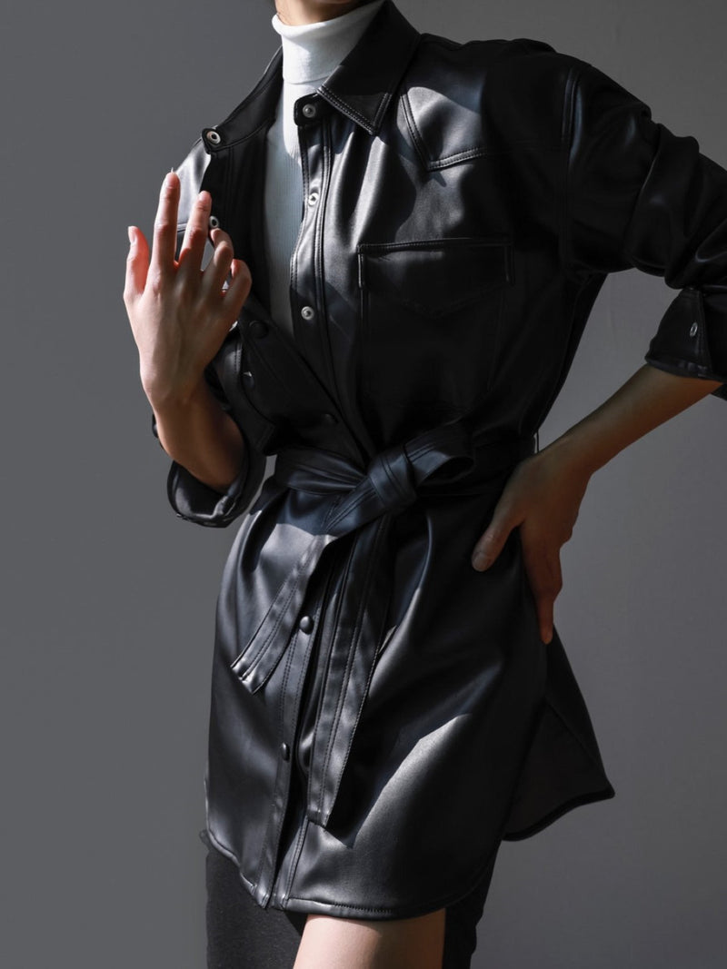 BELTED VEGAN LEATHER SHIRT