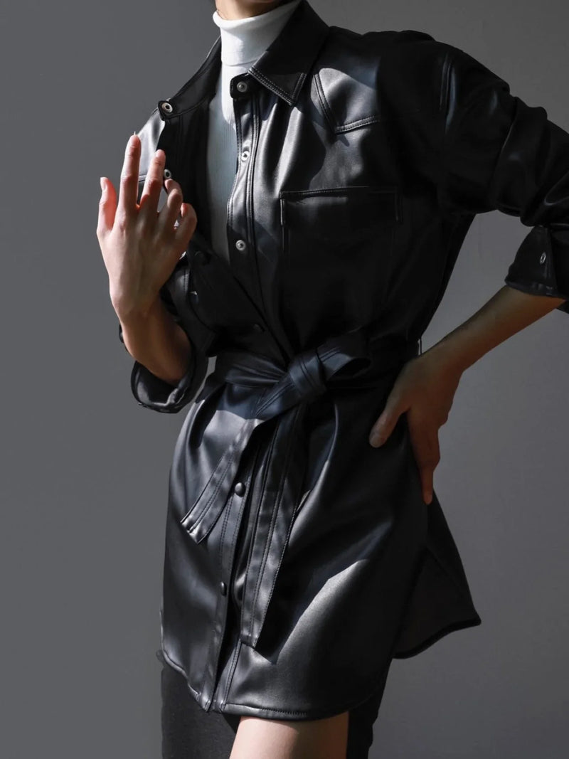 BELTED VEGAN LEATHER SHIRT