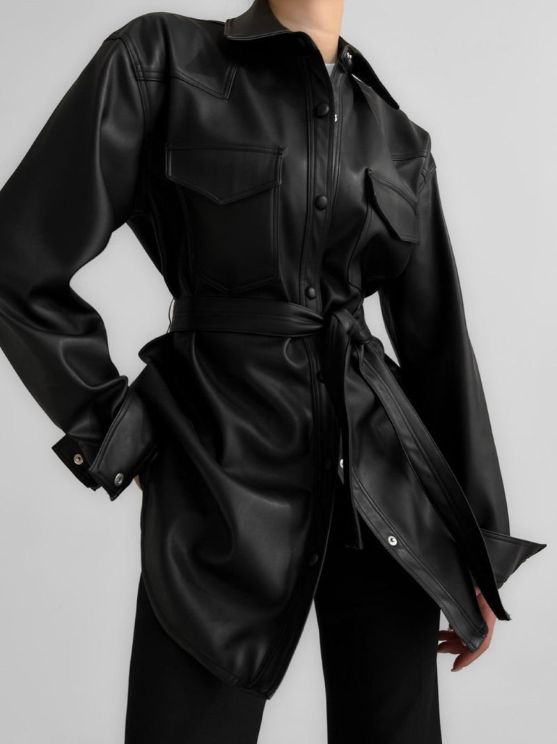 BELTED VEGAN LEATHER SHIRT