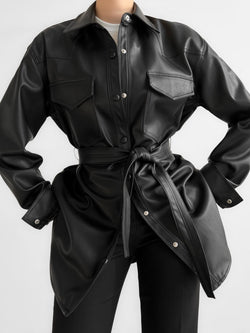 BELTED VEGAN LEATHER SHIRT
