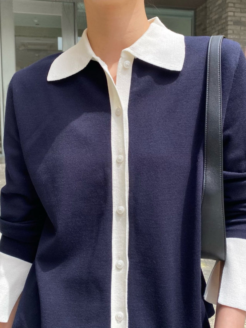 BI-COLOR SHIRT KNIT CARDIGAN