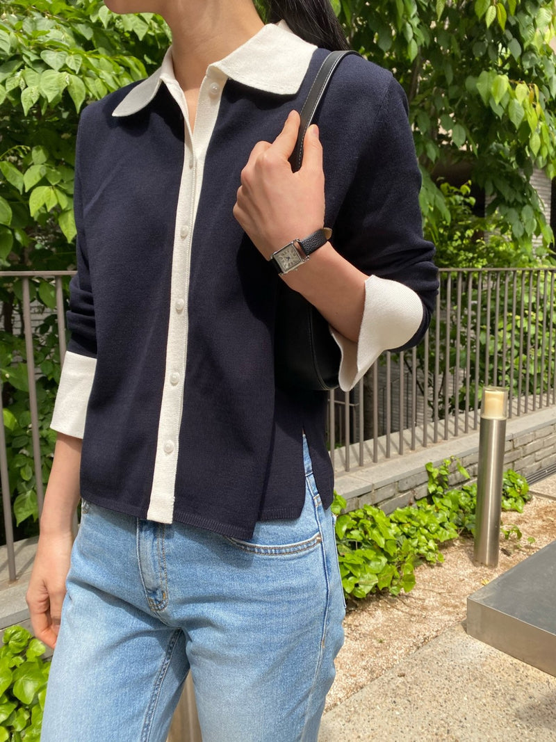BI-COLOR SHIRT KNIT CARDIGAN