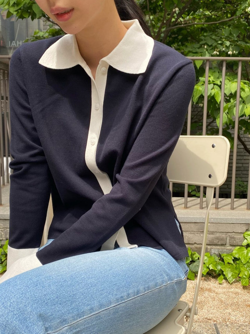 BI-COLOR SHIRT KNIT CARDIGAN