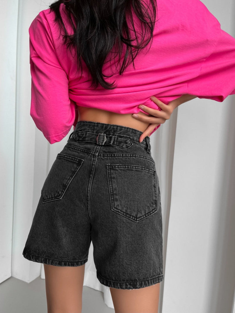 BLACK CINCH BACK DETAIL DENIM SHORTS