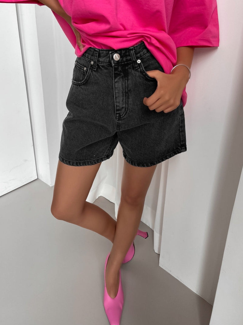 BLACK CINCH BACK DETAIL DENIM SHORTS