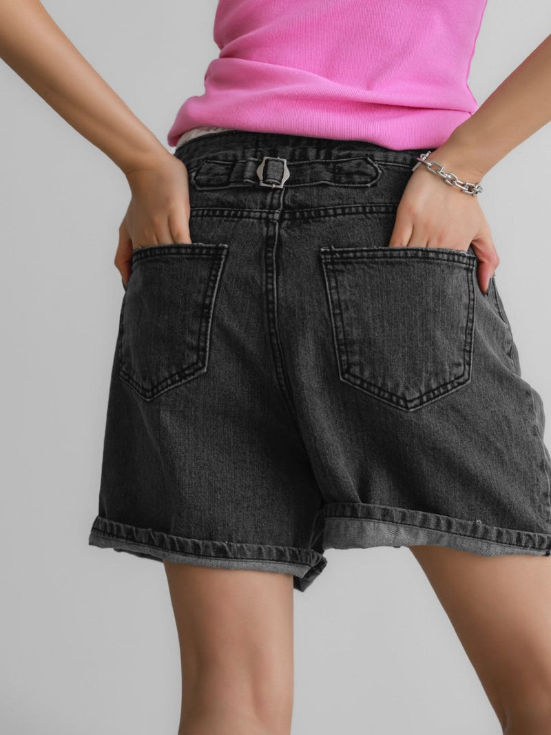 BLACK CINCH BACK DETAIL DENIM SHORTS