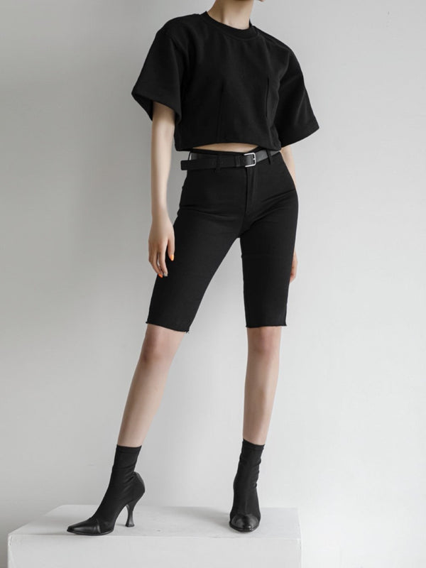 BLACK DENIM BIKER SHORTS