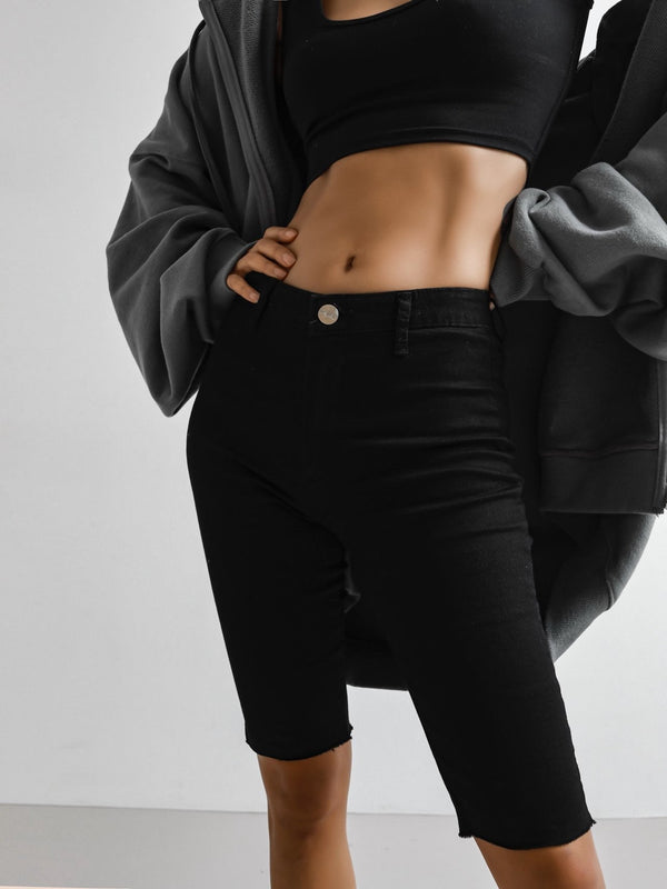 BLACK DENIM BIKER SHORTS