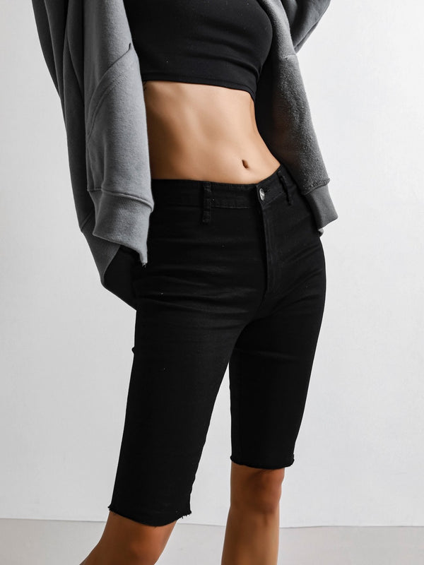 BLACK DENIM BIKER SHORTS