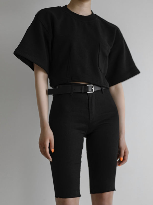 BLACK DENIM BIKER SHORTS