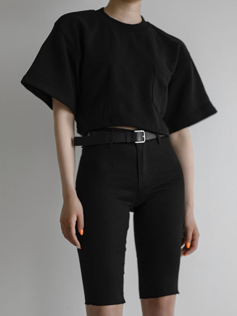 BLACK DENIM BIKER SHORTS