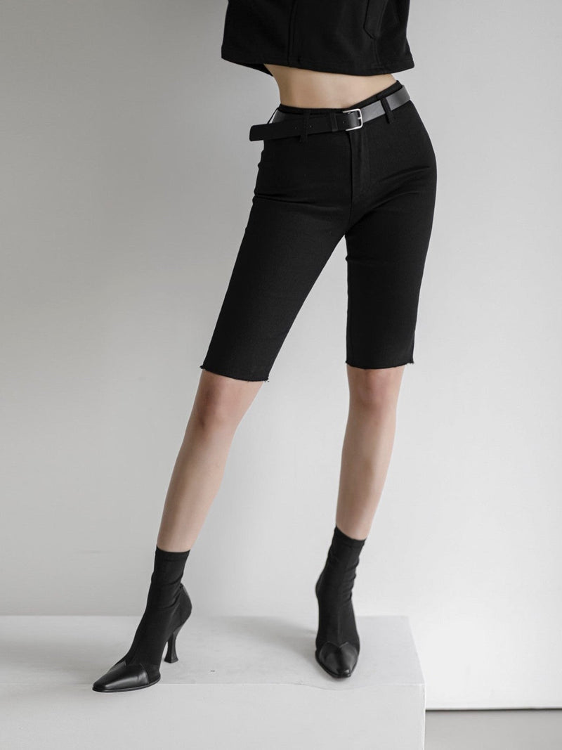 BLACK DENIM BIKER SHORTS