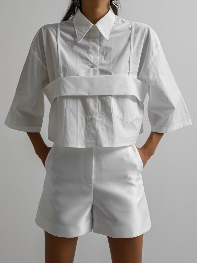 BUSTIER LAYERED CROPPED BUTTON DOWN SHIRT