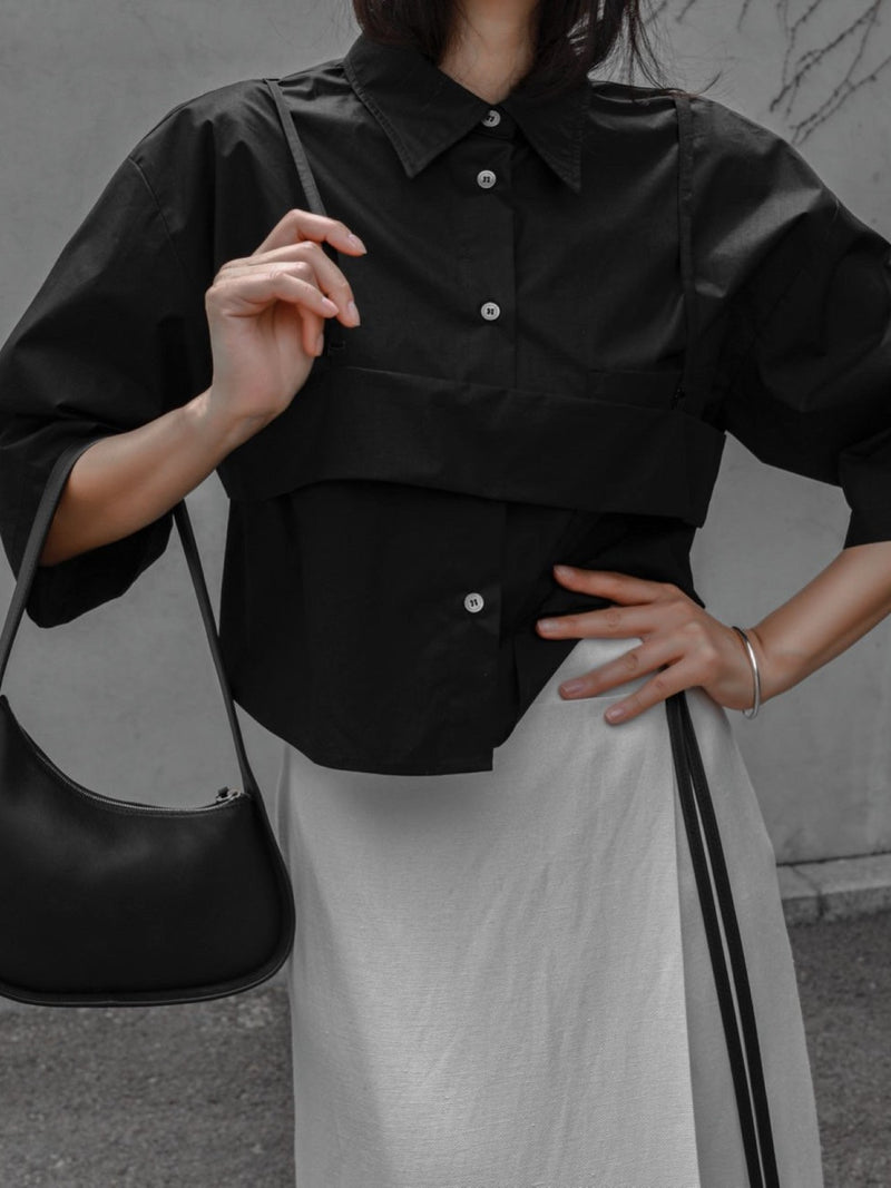 BUSTIER LAYERED CROPPED BUTTON DOWN SHIRT