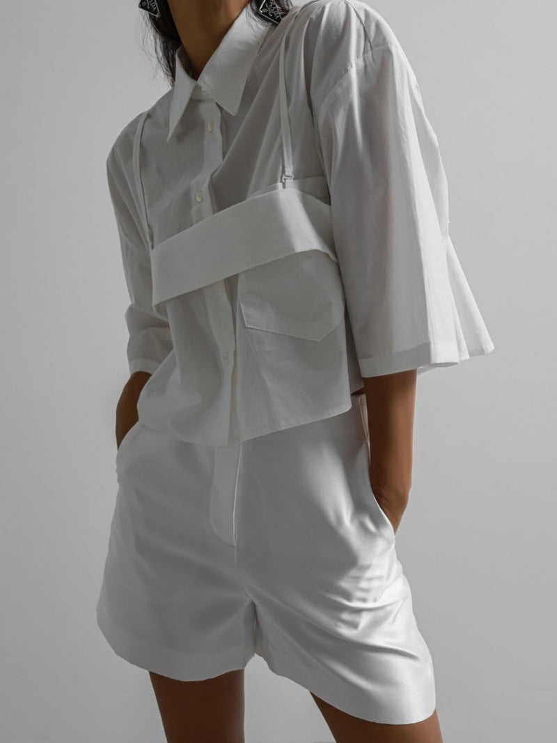 BUSTIER LAYERED CROPPED BUTTON DOWN SHIRT