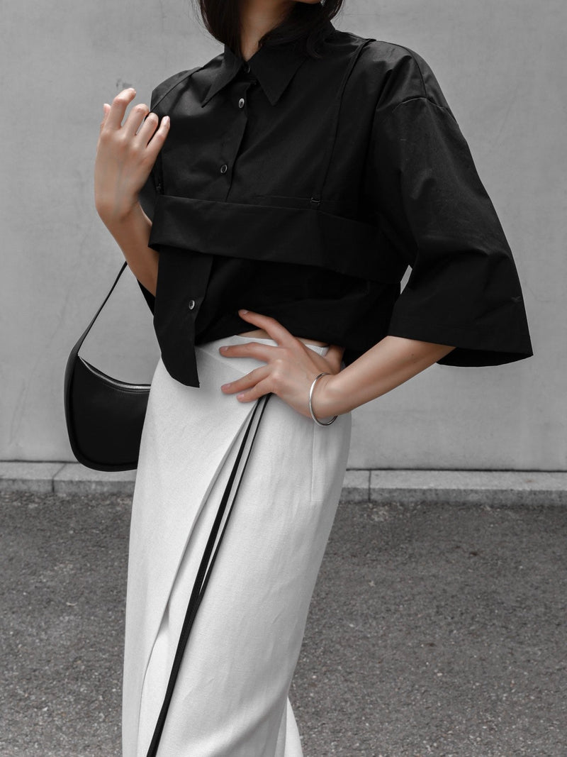 BUSTIER LAYERED CROPPED BUTTON DOWN SHIRT