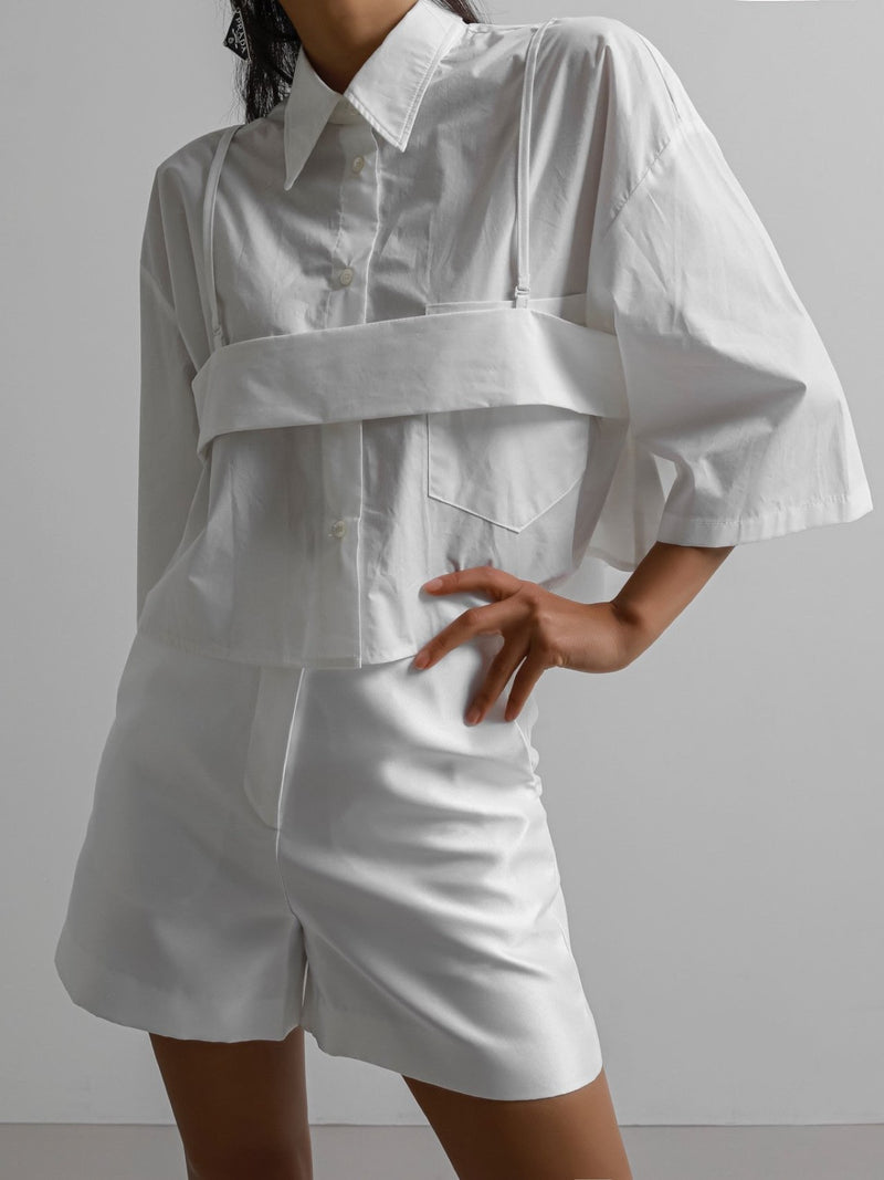 BUSTIER LAYERED CROPPED BUTTON DOWN SHIRT