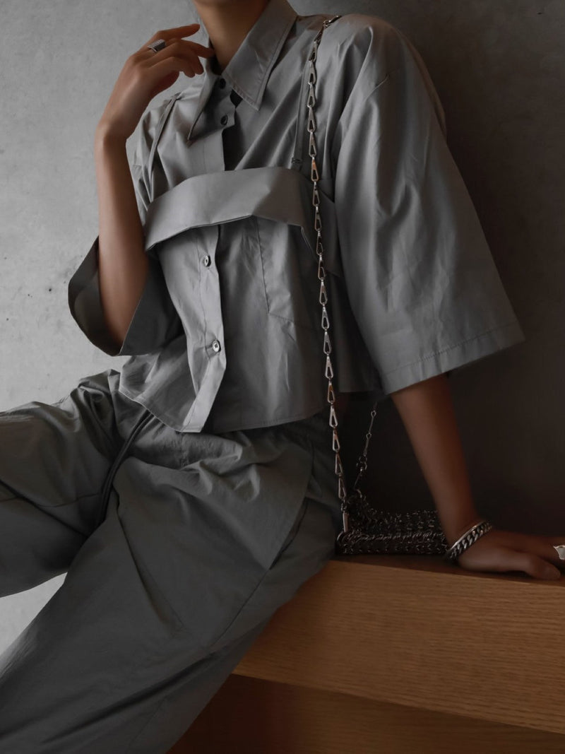 BUSTIER LAYERED CROPPED BUTTON DOWN SHIRT