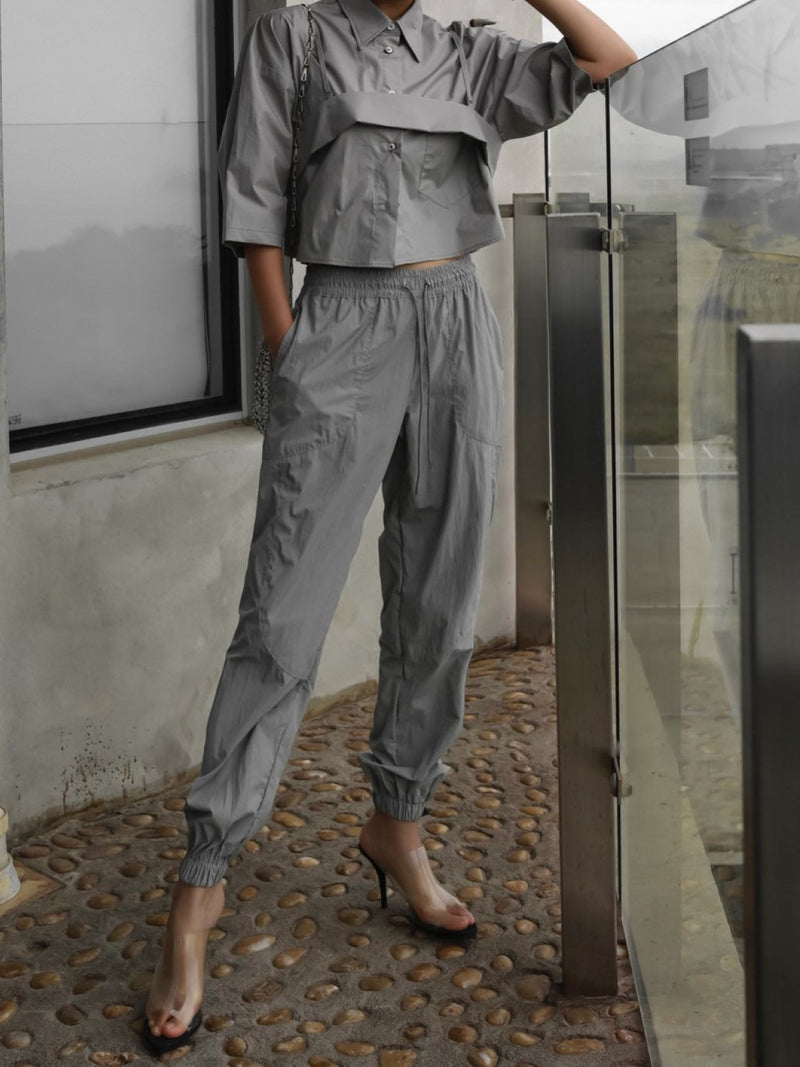 BUSTIER LAYERED CROPPED BUTTON DOWN SHIRT
