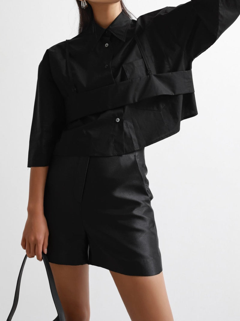 BUSTIER LAYERED CROPPED BUTTON DOWN SHIRT
