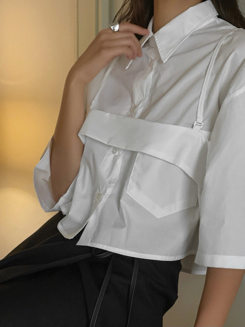 BUSTIER LAYERED CROPPED BUTTON DOWN SHIRT