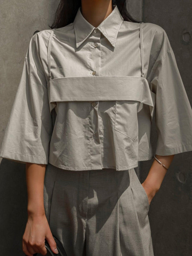 BUSTIER LAYERED CROPPED BUTTON DOWN SHIRT